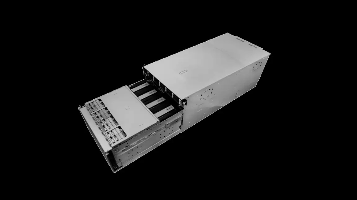 Silver 8U HGX B300 server chassis with the lid slid back to show the GPU modules