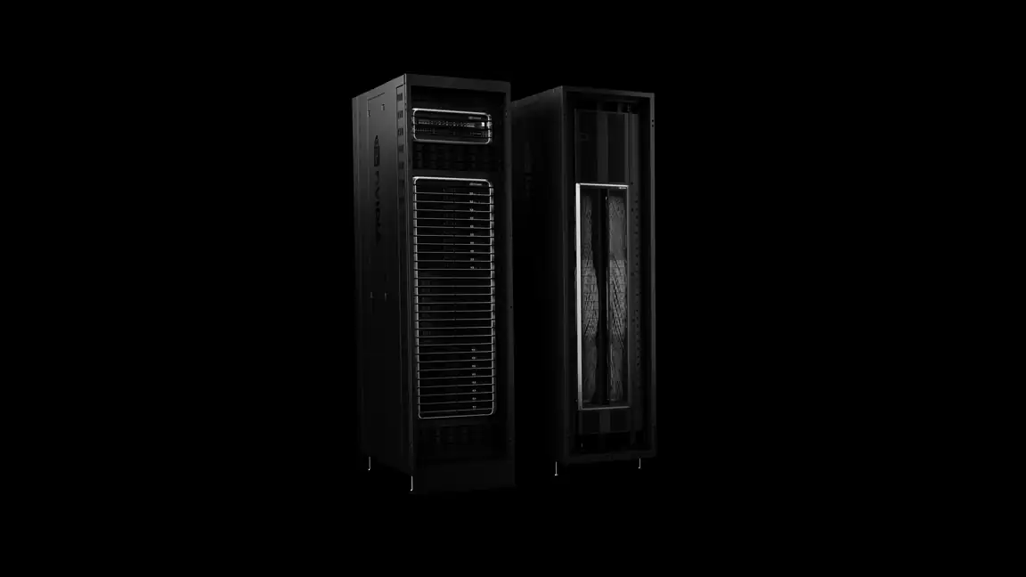 Two black NVIDIA GB200 NVL72 racks standing side by side, shown in greyscale