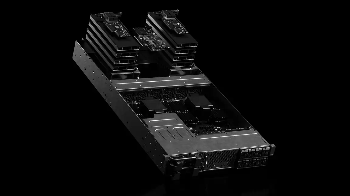 NVIDIA RTX PRO server with the cover off, showing two GPU stacks and the host board