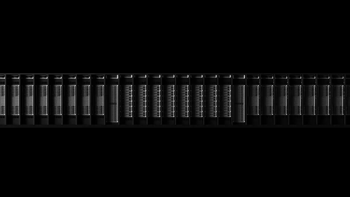 Row of NVIDIA Vera Rubin compute trays on black, shown in greyscale